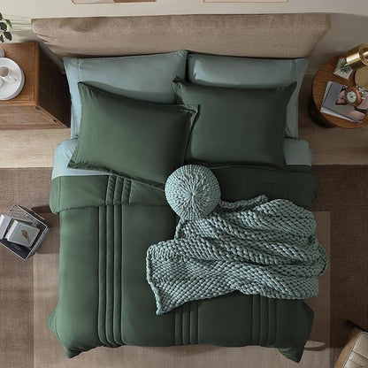 Monbix Oversized King Size Comforter Set - 7 Pieces Deep Forest Bed in a Bag Oversized King Bedding Sets with Comforters, All Seasons Comforter Bed Set with Sheets, Pillowcases & Shams