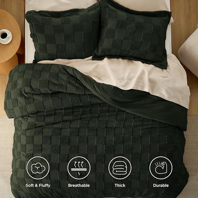 Bedsure Full Size Comforter Set Dark Olive Green, Boho Tufted Bed Set, Checkered Farmhouse Shabby Chic Bedding, 3 Pieces, 1 Plaid Geometric Comforter and 2 Pillow Shams
