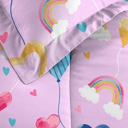 Dream Factory Kids 7-Piece Complete Bed Set Easy-Wash Super Soft Microfiber Comforter Bedding, Full, Lilac Balloon Hearts