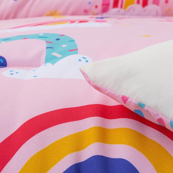 Btargot Lightweight Soft 3 Piece Rainbow Comforter Set with 2 Pillow Covers, Cartoon Love Hearts Suns and Stars Bedding Set for Girls Boys Kids, Queen Light Pink