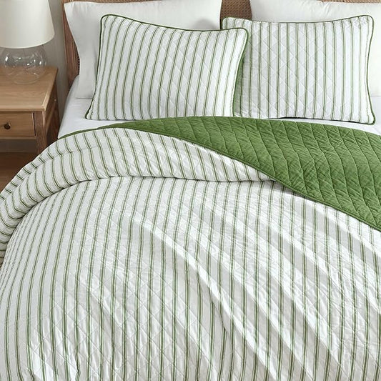 Martha Stewart - Queen Quilt Set, 100% Soft & Breathable Bedding with a Lightweight Feel for Year Round Comfort, 3 Piece Bed Set with Matching Pillowcases (Ticking Stripe Green)
