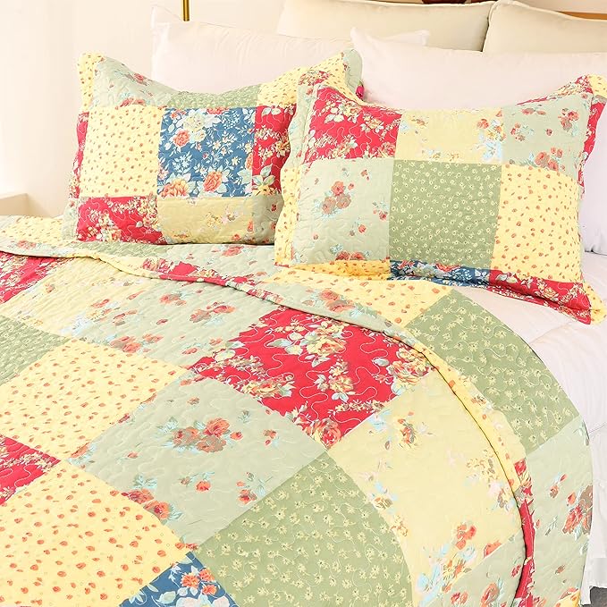 Cmfshape Summer Floral King Quilted Bedspread,Romantic Pink Quilt Set,Reversible Stitched Bedding Cover All Season,Soft Lightweight Coverlet with Pillow Cases (Yellow&Green, King(102"x90"))