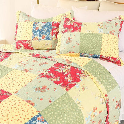 Cmfshape Summer Floral King Quilted Bedspread,Romantic Pink Quilt Set,Reversible Stitched Bedding Cover All Season,Soft Lightweight Coverlet with Pillow Cases (Yellow&Green, King(102"x90"))