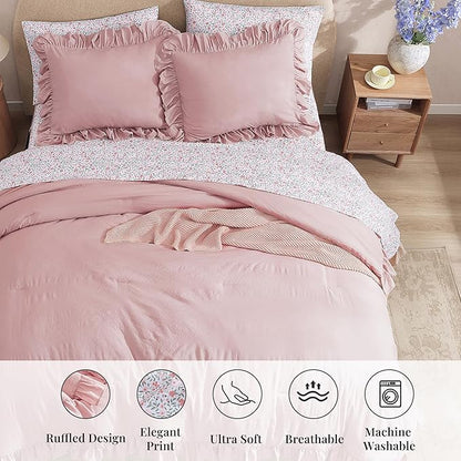 Queen Comforter Set - 7 Pieces Ruffle Soft Pink Bedding Sets, Shabby Chic Farmhouse Bed in a Bag Queen with Ruffle Comforter, Floral Sheets, Pillowcases & Shams