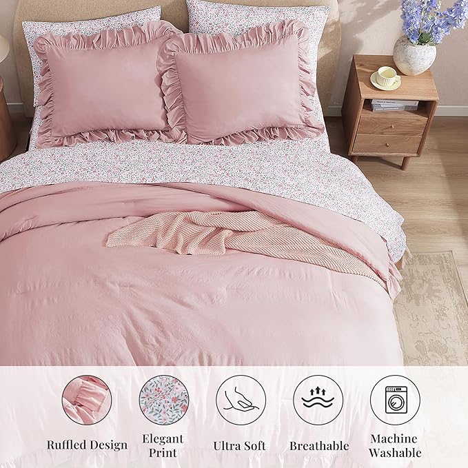 Twin XL Comforter Set - 5 Pieces Ruffle Soft Pink Bedding Sets, Shabby Chic Farmhouse Bed in a Bag Twin XL with Ruffle Comforter, Floral Sheets, Pillowcases & Shams