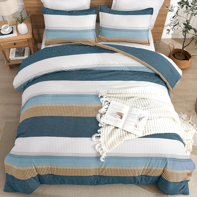 Litanika Comforter Set Queen Size Green Yellow - 3 Pieces Lightweight Colorblock Stripe Fluffy Bedding Comforter Sets, All Season Bed Set