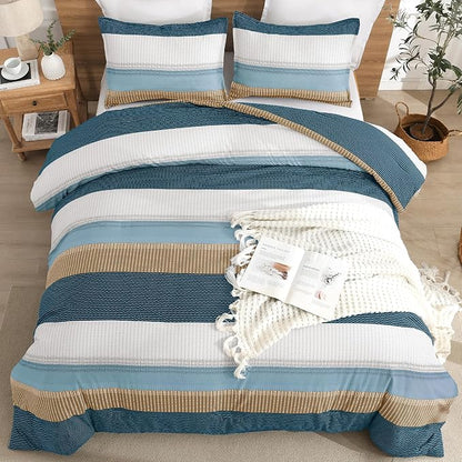 Litanika Comforter Set Queen Size Green Yellow - 3 Pieces Lightweight Colorblock Stripe Fluffy Bedding Comforter Sets, All Season Bed Set