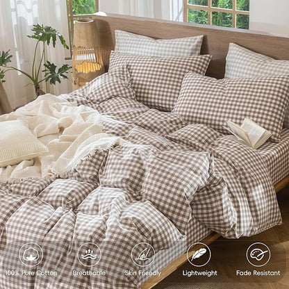 MooMee Gingham Duvet Cover Set 100% Washed Cotton Linen Like Textured Breathable Durable Soft Comfy Modern Checkered Design (Brown Gingham, Cal King 104"x98")