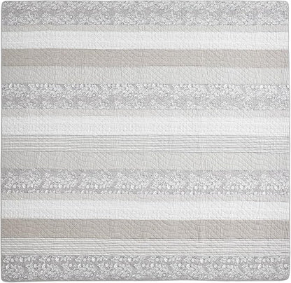 Chezmoi Collection Robyn 3-Piece Neutral Taupe Gray White Floral Hibiscus Flower Patchwork Striped Quilt Set - Pre-Washed Cotton Coverlet - Lightweight Reversible Bedspread, King Size
