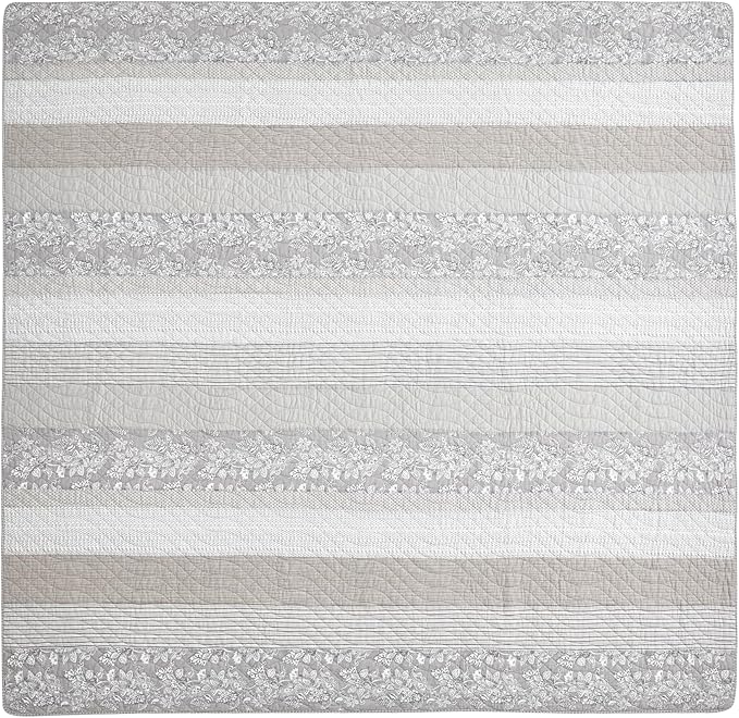Chezmoi Collection Robyn 2-Piece Neutral Taupe Gray White Floral Hibiscus Flower Patchwork Striped Quilt Set - Pre-Washed Cotton Coverlet - Lightweight Reversible Bedspread, Twin Size