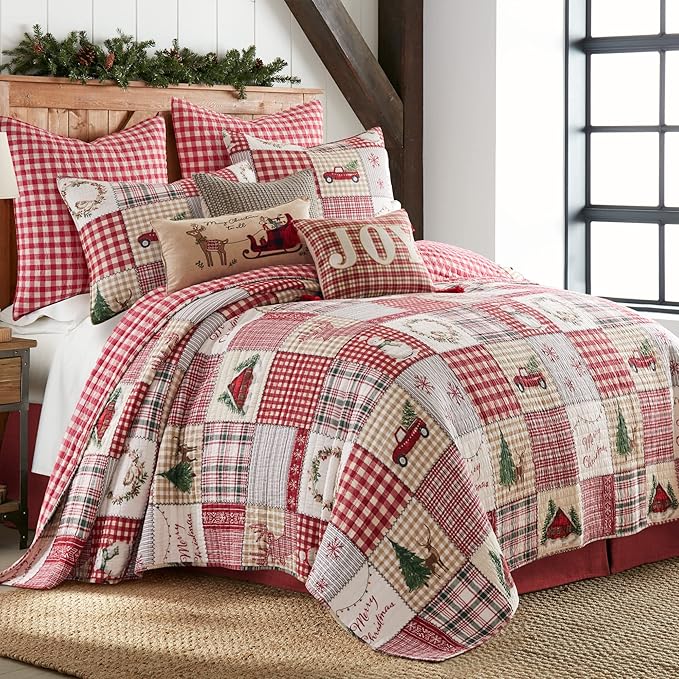 Levtex Home - Home for Christmas Quilt Set - Twin/Twin XL Holiday Quilt 68x86 and One Standard Pillow Sham 20x26 - Green, Red, Taupe and Cream - Reversible - Cotton/Polyester