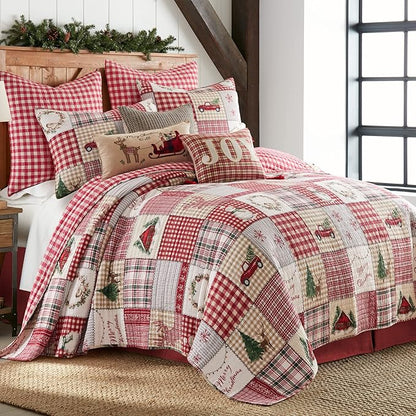 Levtex Home - Home for Christmas Quilt Set - Twin/Twin XL Holiday Quilt 68x86 and One Standard Pillow Sham 20x26 - Green, Red, Taupe and Cream - Reversible - Cotton/Polyester