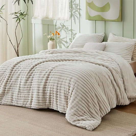 Bedsure Full Size Comforter Sets - GentleSoft™ 3 Pieces Double-Side Fleece Fluffy Linen Comforter Set, Cozy Striped Room Decor Aesthetic, Luxury Full Size Bedding, 2 Pillowcases, 82x86 Inches