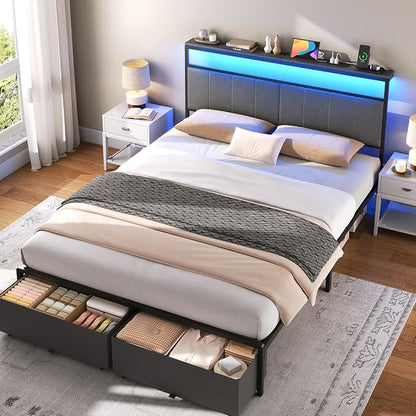 Queen Bed Frame with 2 Storage Drawers, Grey Upholstered | Headboard with Charging Station and LED Lights, Metal Platform Bed with Storage Shelf, Noise Free, No Box Spring Needed