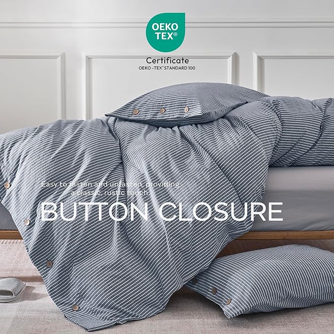 JELLYMONI Cotton Duvet Cover Queen Size - Blue Vertical Pinstriped Comforter Cover with Button 100% Washed Cotton 3PCS Breathable Soft Solid Bedding Set Duvet Cover 90×90in & 2 Pillowcases