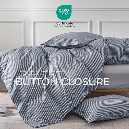 JELLYMONI Cotton Duvet Cover King Size - Blue Vertical Pinstriped Comforter Cover with Button 100% Washed Cotton 3PCS Breathable Soft Solid Bedding Set Duvet Cover 104×90in & 2 Pillowcases