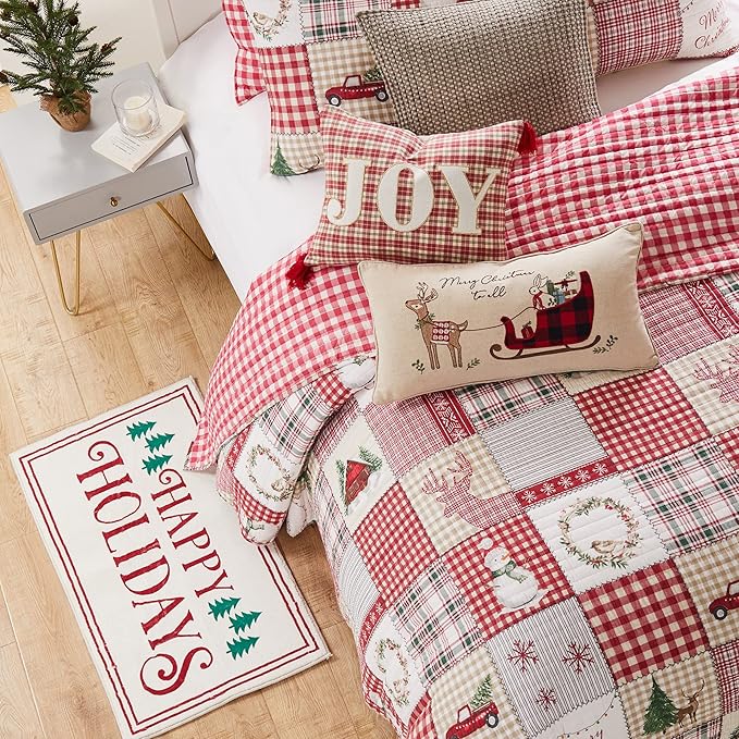 Levtex Home - Home for Christmas Quilt Set - King/Cal King Holiday Quilt 106x92 and Two King Pillow Shams 20x36 - Green, Red, Taupe and Cream - Reversible - Cotton/Polyester