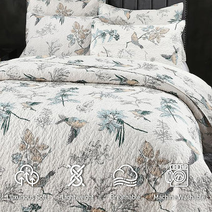 DURLENGEN Birds & Floral 100% Cotton Queen Quilt 3Pcs,Reversible Birds & Flowers Pattern on White,Luxury Lightweight Coverlet Sets for All Season(Queen 90x96,Birds & Floral)