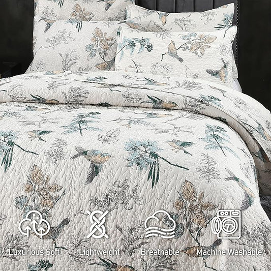 DURLENGEN Birds & Floral 100% Cotton Queen Quilt 3Pcs,Reversible Birds & Flowers Pattern on White,Luxury Lightweight Coverlet Sets for All Season(Queen 90x96,Birds & Floral)