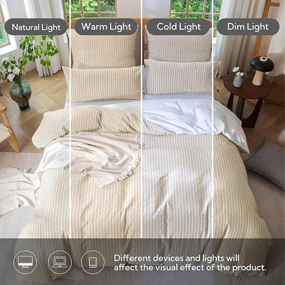MILDLY Jacquard Stripe Duvet Cover - 100% Washed Cotton Khaki Boho Textured Comforter Cover Set with Zipper Closure 104"x90"