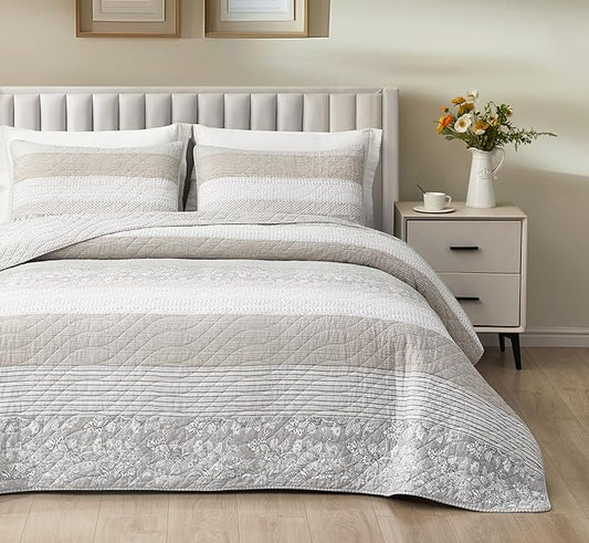 Chezmoi Collection Robyn 2-Piece Neutral Taupe Gray White Floral Hibiscus Flower Patchwork Striped Quilt Set - Pre-Washed Cotton Coverlet - Lightweight Reversible Bedspread, Twin Size