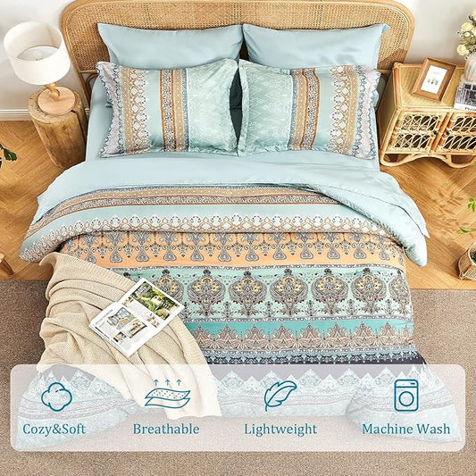 Boho Comforter Set King Size Sage Green - 7 Pieces Bohemian Floral Striped Comforter and Sheet Set, Soft Bed in a Bag Complete Bedding Sets King Size for All Season (Sage Green,King)