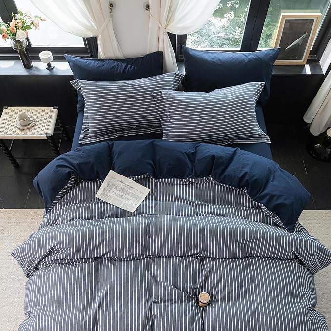 Reversible Duvet Cover Set 100% Washed Cotton Blue Stripe Linen Feel Duvet Cover Twin Size with Zipper Closure & 2 Pillow Shams,Navy/White Stripe Reverse Solid Navy