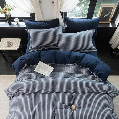 Reversible Duvet Cover Set 100% Washed Cotton Blue Stripe Linen Feel Duvet Cover Twin Size with Zipper Closure & 2 Pillow Shams,Navy/White Stripe Reverse Solid Navy
