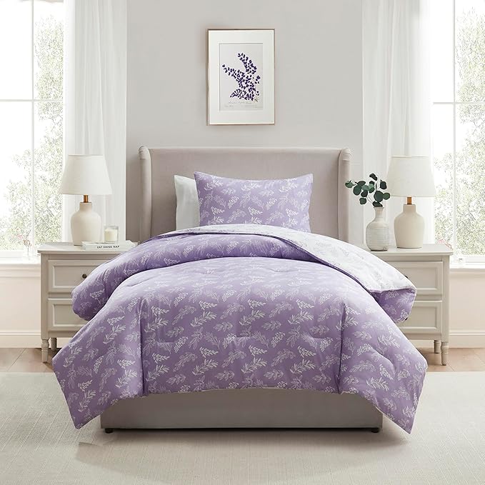Nestl Twin/Twin XL Comforter Set - Lavender Bed in a Bag Twin, 2 Pieces Reversible Bed Set, Soft Floral Bedding Set for College Dorm, All Season Botanical Comforters with Pillow Sham
