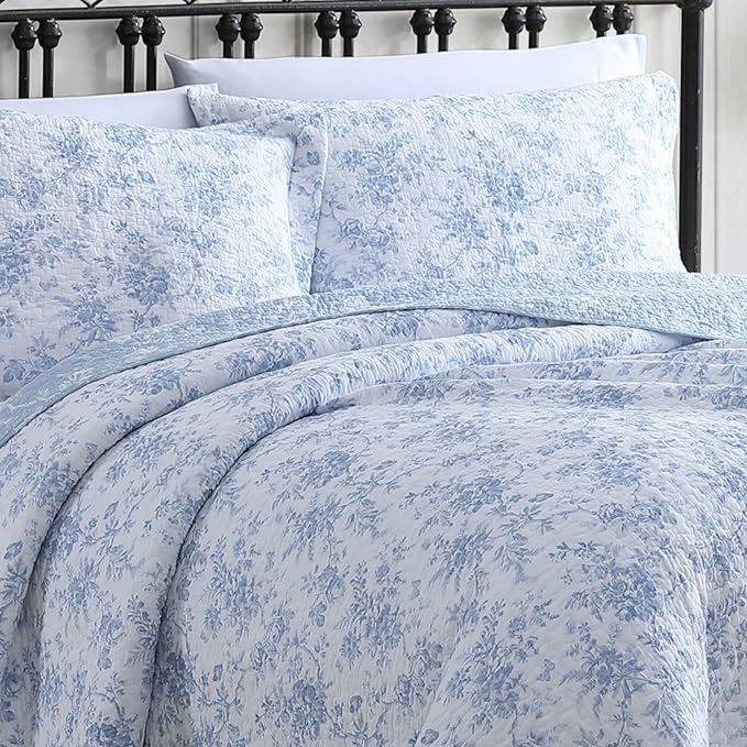 Laura Ashley - Full/Queen Quilt Set, Reversible Cotton Bedding with Matching Sham, Medium-Weight for Year Round Use, Floral Print Bed Set (Walled Garden Blue)