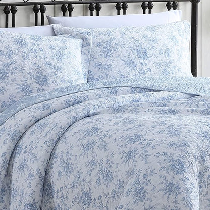 Laura Ashley - Full/Queen Quilt Set, Reversible Cotton Bedding with Matching Sham, Medium-Weight for Year Round Use, Floral Print Bed Set (Walled Garden Blue)
