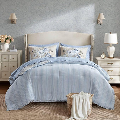 Madison Park Essentials Floral Comforter Set Full Size, Vintage Flower Bedding Set with Sheet Set, 7 Pieces Bed in a Bag with Reversible Botanical Comforter, Pillowcases & Shams, Heather, Beige/Blue