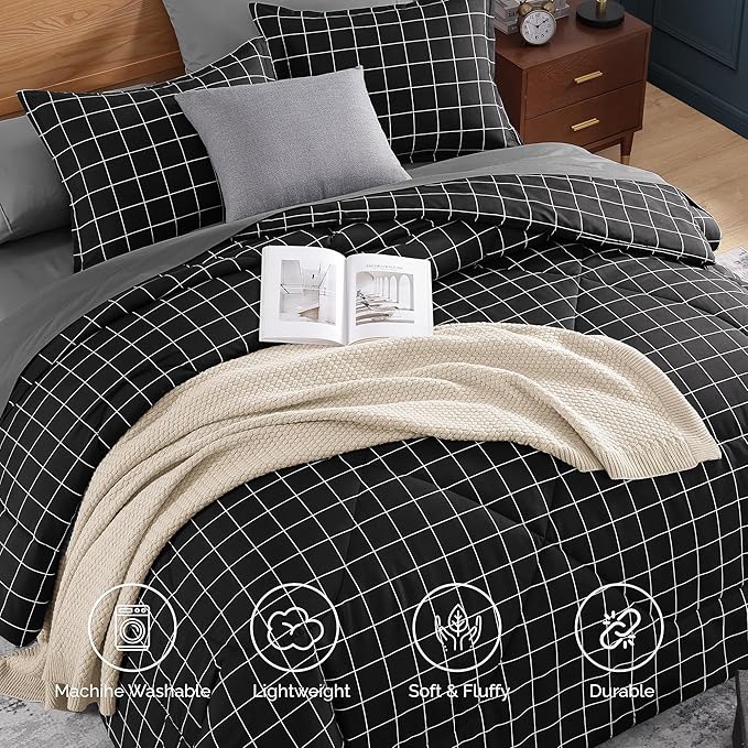 Andency Black Grid Comforter Set King Size (104x90 Inch), 3 Pieces(1 Grid Comforter and 2 Pillowcases), Summer Lightweight Microfiber Down Alternative Black Comforter with White Lines