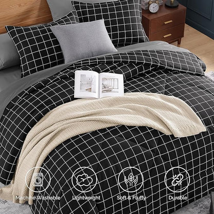 Andency Black Grid Comforter Set King Size (104x90 Inch), 3 Pieces(1 Grid Comforter and 2 Pillowcases), Summer Lightweight Microfiber Down Alternative Black Comforter with White Lines
