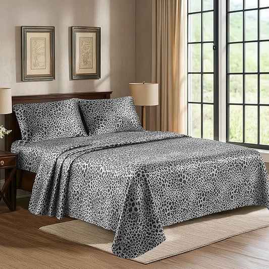 Satin Sheets Queen [4-Piece, Silver Leopard] Hotel Luxury Silky Bed Sheets - Extra Soft 1800 Microfiber Sheet Set, Wrinkle, Fade, Stain Resistant - Deep Pocket Fitted Sheet, Flat Sheet, Pillow Cases