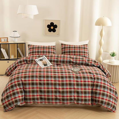 ECOCOTT Buffalo Plaid Duvet Cover King Size– 3 Piece Washed Cotton Bedding Set with Classic Checkered Pattern, Red & Brown Duvet Cover with Pillowcases for All Seasons