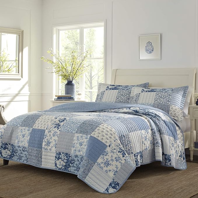 Laura Ashley - King Quilt Set, Reversible Cotton Bedding with Matching Shams, Farmhouse Inspired Home Decor (Paisley Printed Patchwork Blue, King)