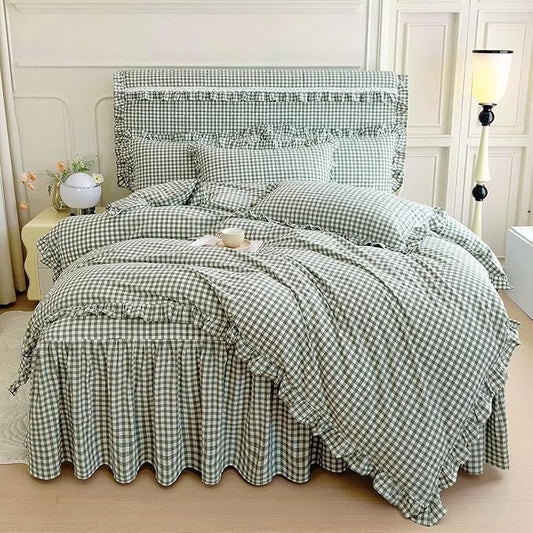 LifeTB Green Gingham Comforter Set Full Size Ruffle Plaid Checkered Pattern Comforter Farmhouse Grid Plaid Gingham Bedding Comforter Set with 2 Pillowcases Fluffy Soft Lightweight Grid Bedding Set