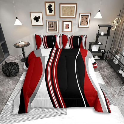Erosebridal Red and Black Striped Queen Comforter Set for Adult Women Men Grey Modern Abstract Bedding Set Geometric Stripes Lines Bed Set Contemporary Art Boho Quilt Set for Minimalist