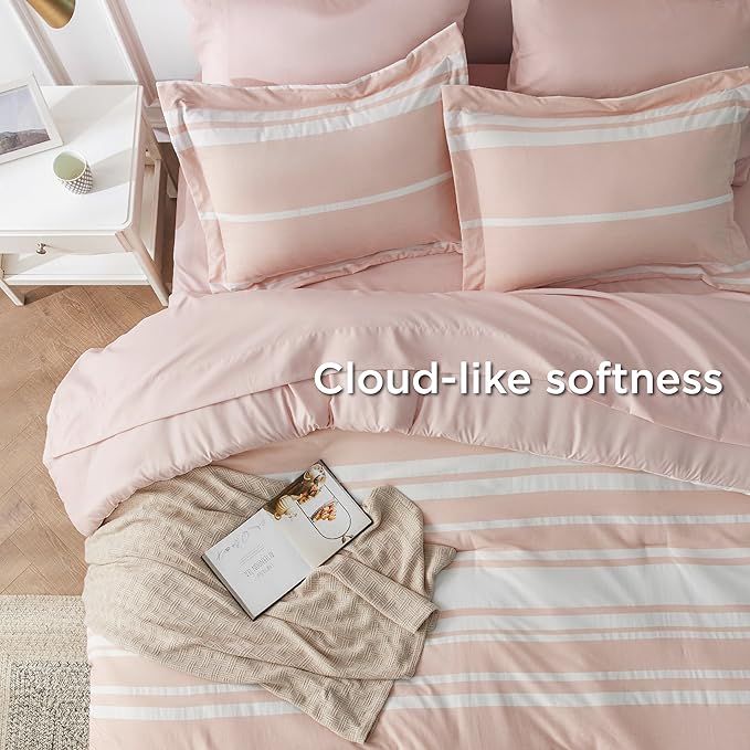 Bedsure Queen Comforter Set 7 Pieces, Light Pink Striped Bedding Set for All Seasons, Reversible, Cationic Dyeing Bed in a Bag with Comforter, Sheets, Pillowcases & Shams