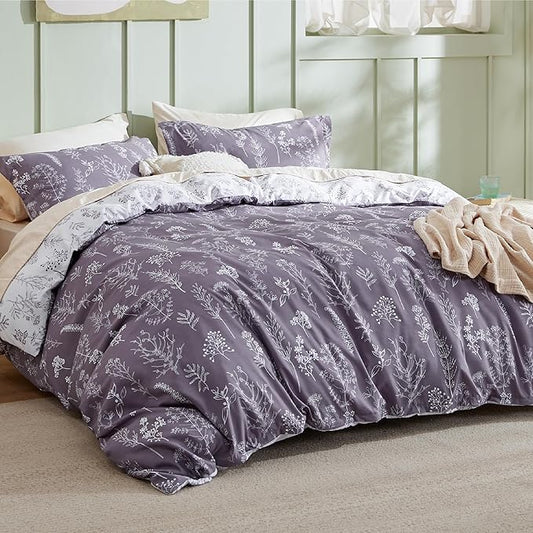 Bedsure Duvet Cover King Size - Reversible Grayish Purple King Duvet Cover Set with Zipper Closure, 3 Pieces Cute Floral Patterned Bedding Set with 8 Corner Ties and 2 Pillow Shams
