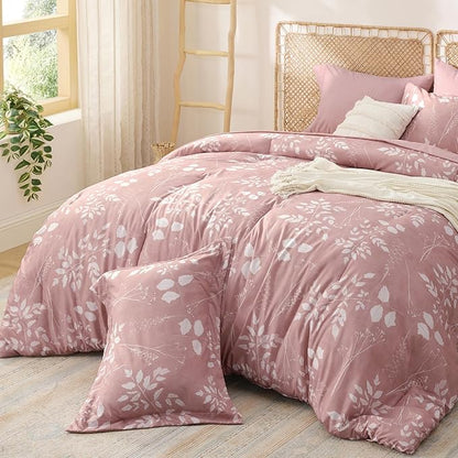Bedsure Rose Pink Full Comforter Set - 7 Pieces Floral Bedding Sets Full Bed in a Bag with Reversible Botanical Flowers Comforter, Sheets, Pillowcases & Shams
