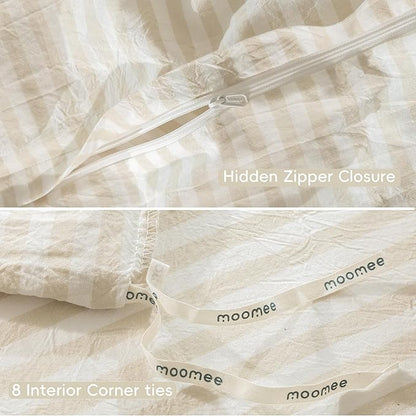 MooMee Striped Duvet Cover Set 100% Washed Cotton Linen Like Textured Breathable Durable Soft Comfy (Almond Milk Grey Classic Stripes, Oversized King Plus 128"x120")