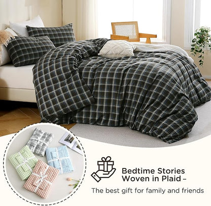 TOCOMOA Buffalo Plaid Duvet Cover Set 100% Washed Cotton Like Linen Feel Super Soft Comfy 3 Piece Brown Blue Gingham Checkered Bedding Comforter Cover Set (King 104"x90", Comforter Not Included)