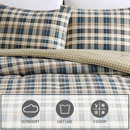 Eddie Bauer - Queen Comforter Set, Reversible Cotton Bedding with Matching Shams, Home Decor for All Seasons (Port Gamble Blue, Queen)