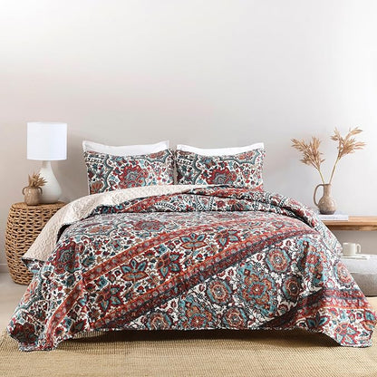 Horimote Home Boho Quilt King Size, Reversible Bohemian Style Twill Strip Floral Quilt Beddding Set, Colorful and Soft Bedspread Oversized King Quilt Coverlet for All Season, 2 Pillow Shams (3 Pieces)