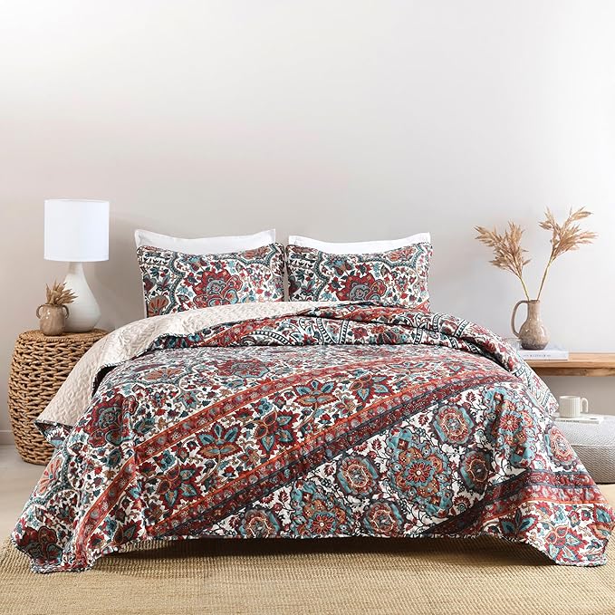 HORIMOTE HOME Boho Quilt Queen Size, Reversible Bohemian Style Twill Strip Floral Quilt Beddding Set, Colorful and Soft Bedspread Full Size Quilt Coverlet for All Season, 2 Pillow Shams (3 Pieces)