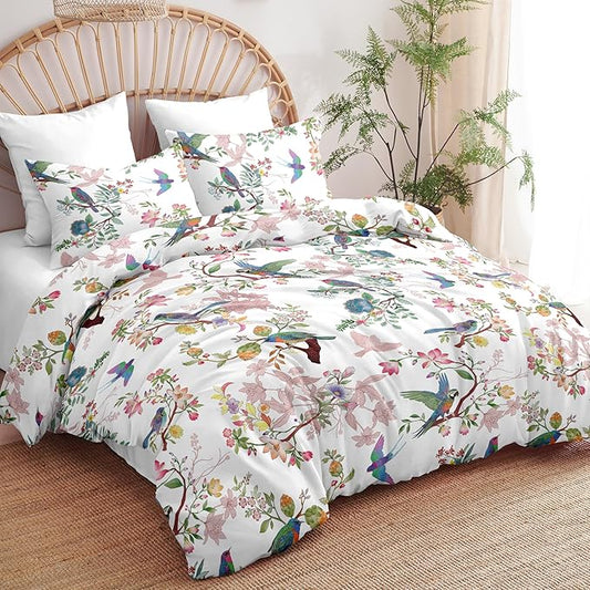 Nayoroom White Floral Comforter Set Queen Size Blue Pink Bird Flower Botanical Pattern Spring Bedding Set 3 Pieces Soft Lightweight Aesthetic Garden Comforter for All Seasons