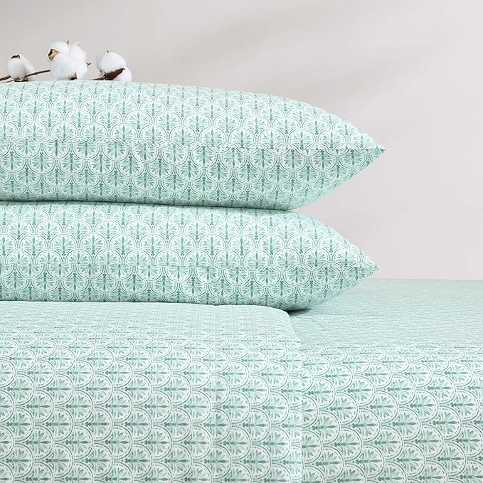 Tommy Bahama - Queen Size Sheet Set, 100% Cotton Percale Bedding with a Crisp & Cool Feel, Bed Sheets with Matching Fitted Sheet & Pillowcases (Coastal Batik Green)