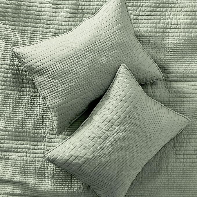PALASSIO Striped Sage Green 100% Cotton Quilt California Cal King Size Bedding Set, Oversized Lightweight Channel Pick Stitch Textured Bedspread Soft Farmhouse Country Coverlet for All Season, 2 Shams